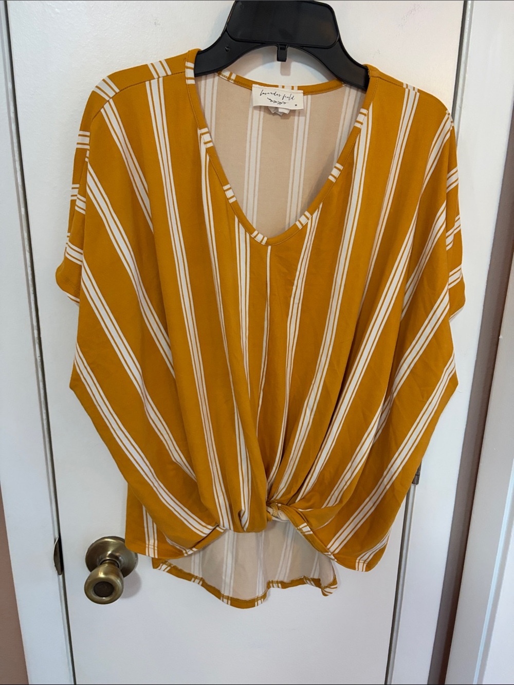 lavender field Mustard and White Striped V-Neck Knot Front Tunic
